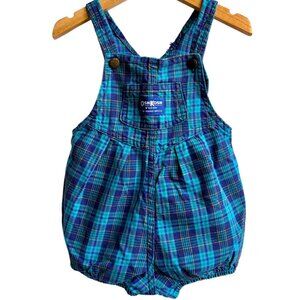 Vintage OshKosh Baby B'gosh Blue Plaid Bubble Romper Shortall Overalls Size 24M